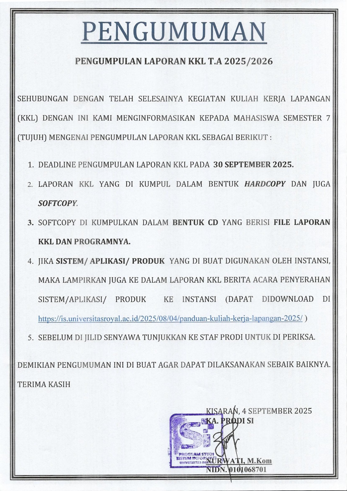 PENGUMPULAN LAPORAN KKL T.A 2025/2026 - Prodi Sistem Informasi